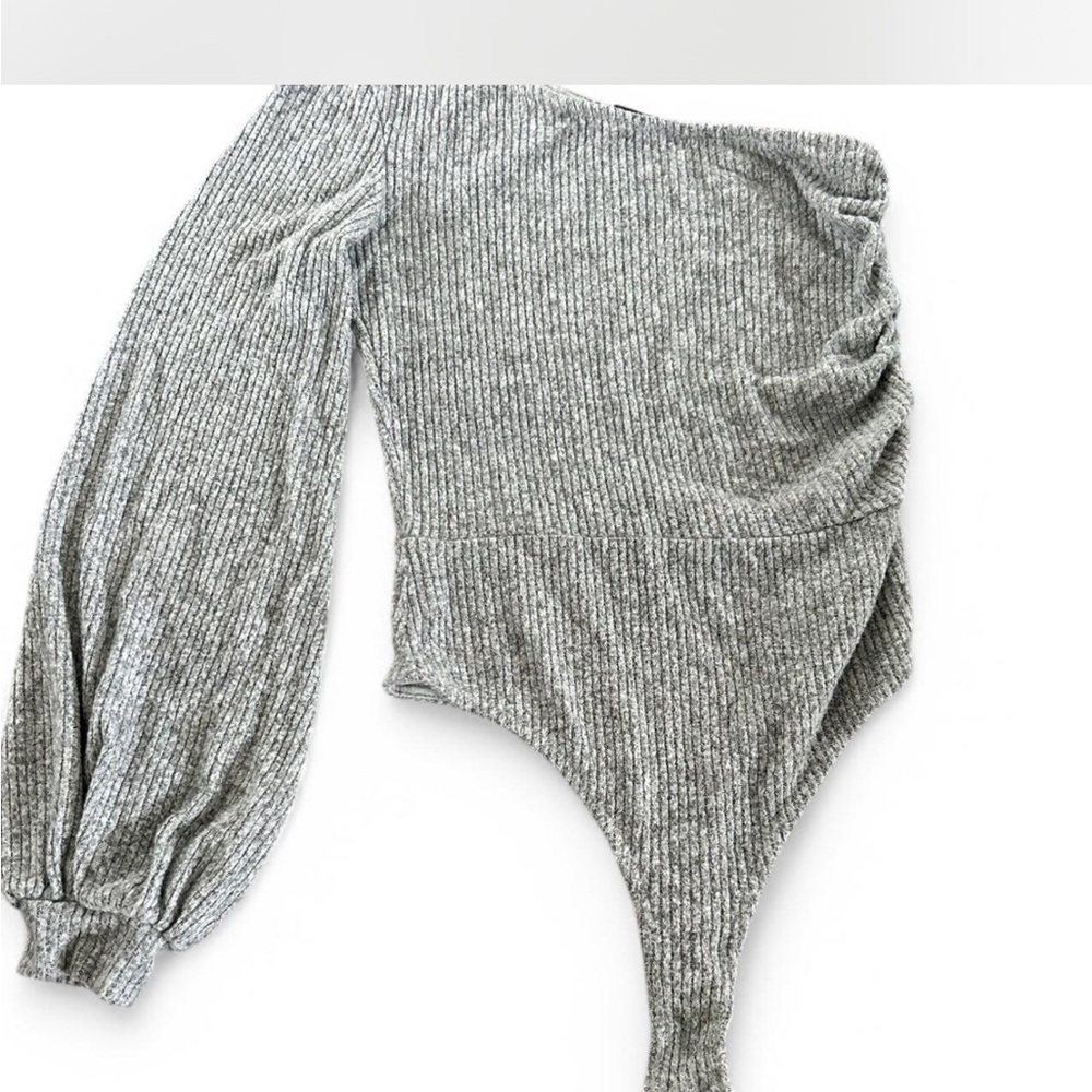 Gray Ribbed One-Shoulder Bodysuit